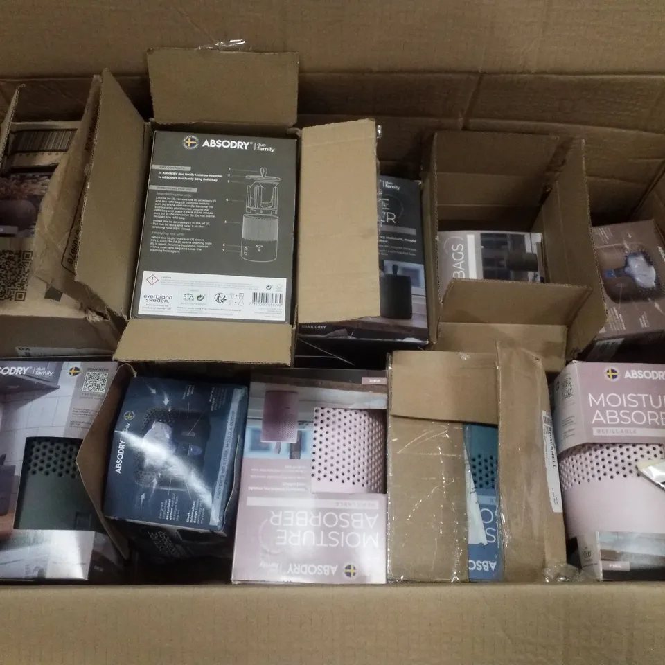 BOX CONTAINING ASSORTED ABSODRY MOISTURE ABSORBERS & REFILL BAGS 
