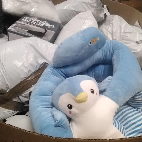 A PALLET CONTAINING A LARGE QUANTITY OF ASSORTED PILLOWS WHICH INCLUDE; KNEE PILLOWS, MEMORY FOAM ETC