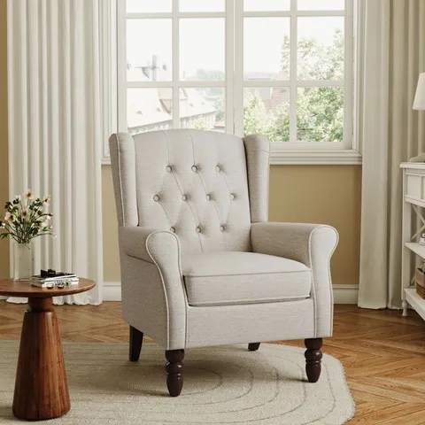 BOXED DUWARD 74CM WIDE TUFTED WINGBACK CHAIR - BEIGE