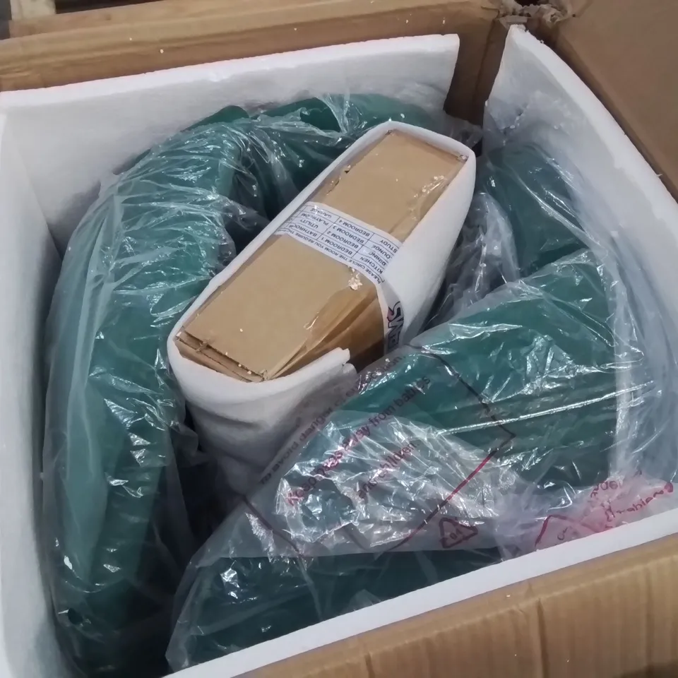 BOXED SET OF 2 DESIGNER GREEN VELVET CHAIRS, WOOD COLOURED LEGS (1 BOX)