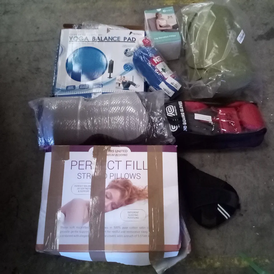 PALLET OF ASSORTED ITEMS INCLUDING BOXING GLOVES, BIKE SEAT COVER, YOGA BALANCE PAD, NOS PLUSH, LEG ELEVATION PILLOW, SEAT CUSHION
