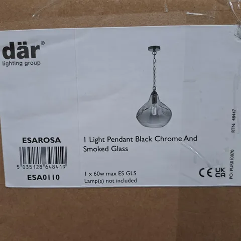 BOXED DAR LIGHTING GROUP 1 LIGHT PENDANT IN BLACK CHROME AND SMOKED GLASS 
