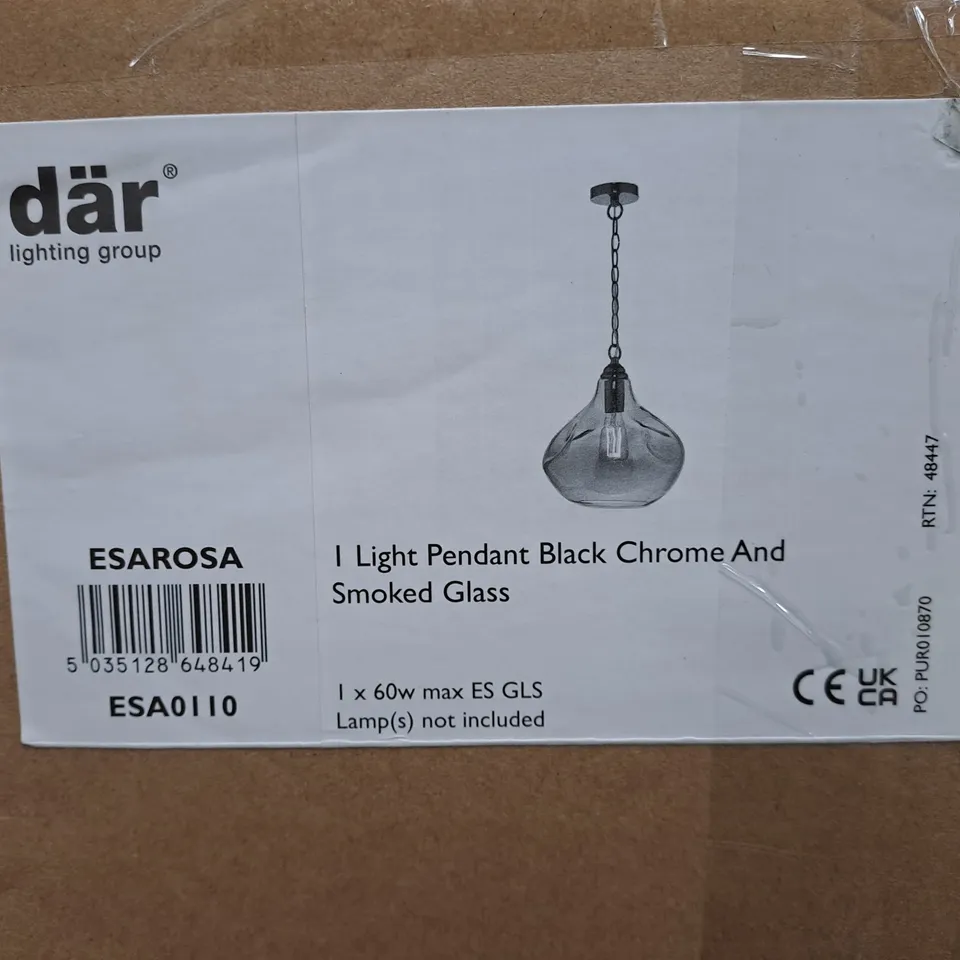 BOXED DAR LIGHTING GROUP 1 LIGHT PENDANT IN BLACK CHROME AND SMOKED GLASS