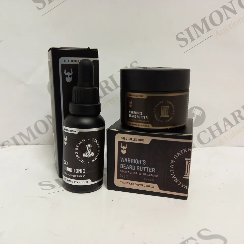 2 BOXED MENS BEAUTY PRODUCTS TO INCLUDE WARRIOR'S BEARD BUTTER AND VIKING STORM DAY LIQUID TONIC BEARD OIL 