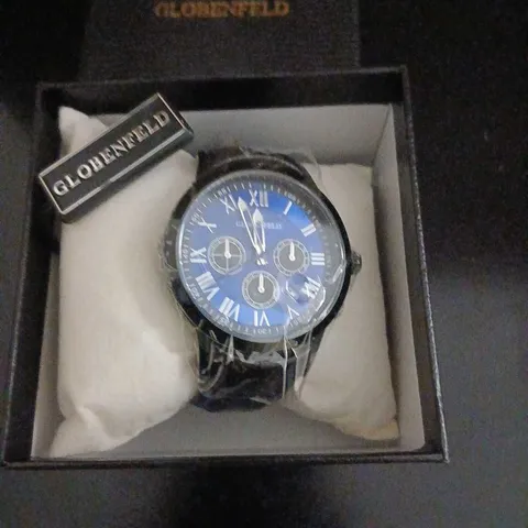 GLOBENFELD CHRONOGRAPH WATCH – BLUE DIAL, BLACK STRAP, BOXED
