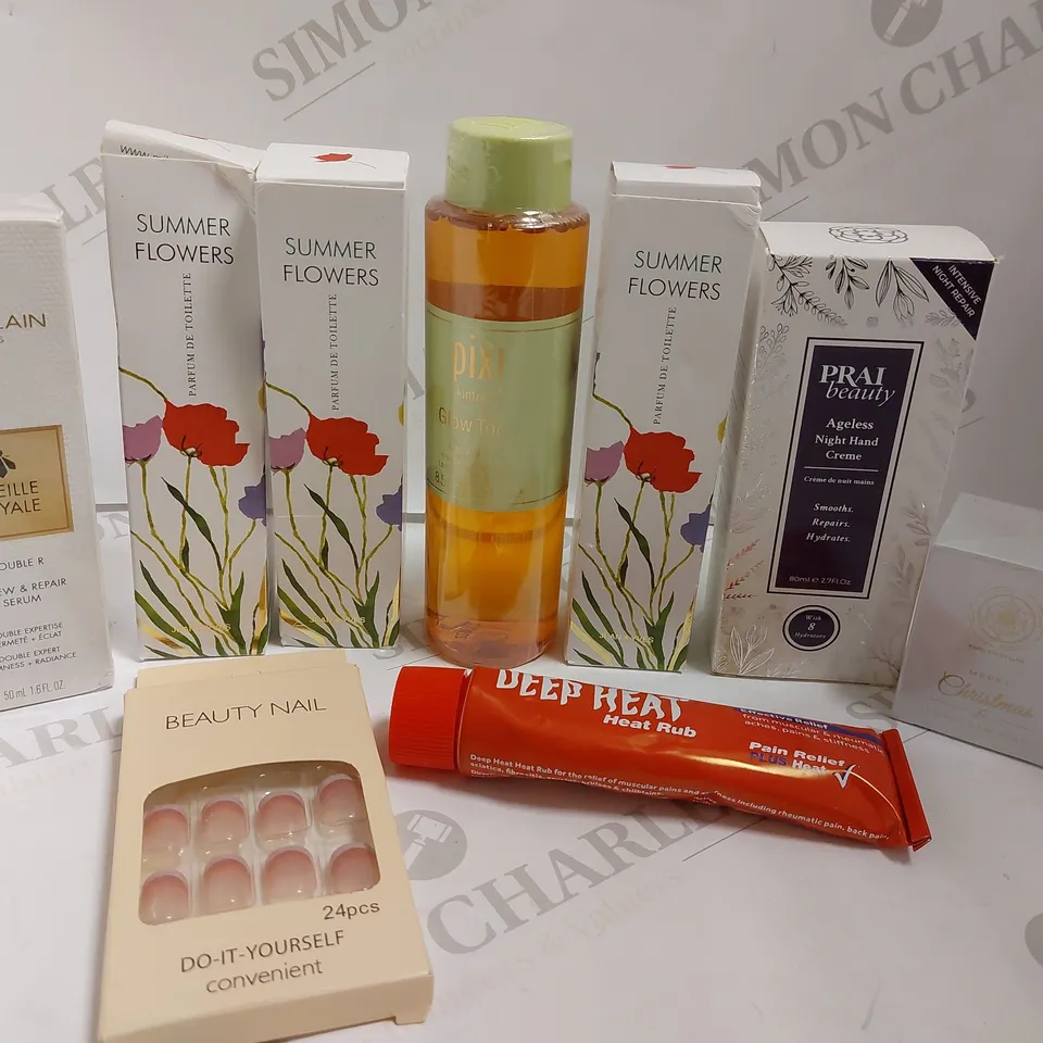 BOX OF APPROX 20 COSMETIC ITEMS TO INCLUDE PRAI BEAUTY AGELESS NIGHT HAND CREME, GUERLAIN ABEILLE ROYALE SERUM, PIXI GLOW TONIC