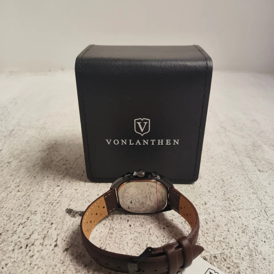 VONLANTHEN WRISTWATCH – GREEN DIAL, BROWN LEATHER STRAP, BOXED