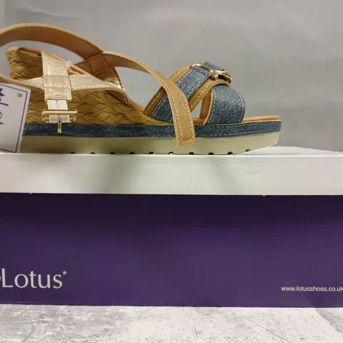 BOXED PAIR OF LOTUS OPEN TOE WEDGE SANDALS IN TAN/DENIM SIZE EU 39