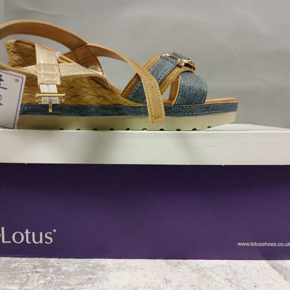 BOXED PAIR OF LOTUS OPEN TOE WEDGE SANDALS IN TAN/DENIM SIZE EU 39
