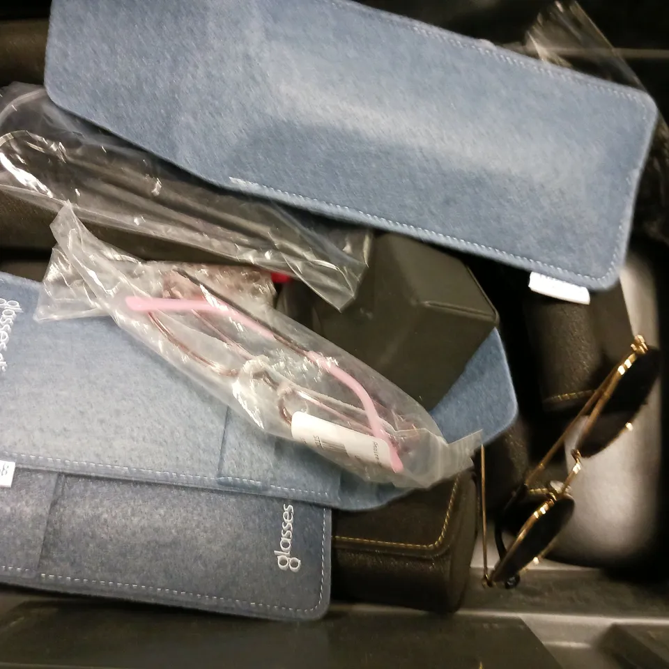 BOX OF APPROXIATELY 15 ASSORTED GLASSES TO INCLUDE - FRENCH RETRO MELANIE , FEB 31ST WOODEN GLASSES , UNBRANDED ORANGE SUNGLASSES ETC