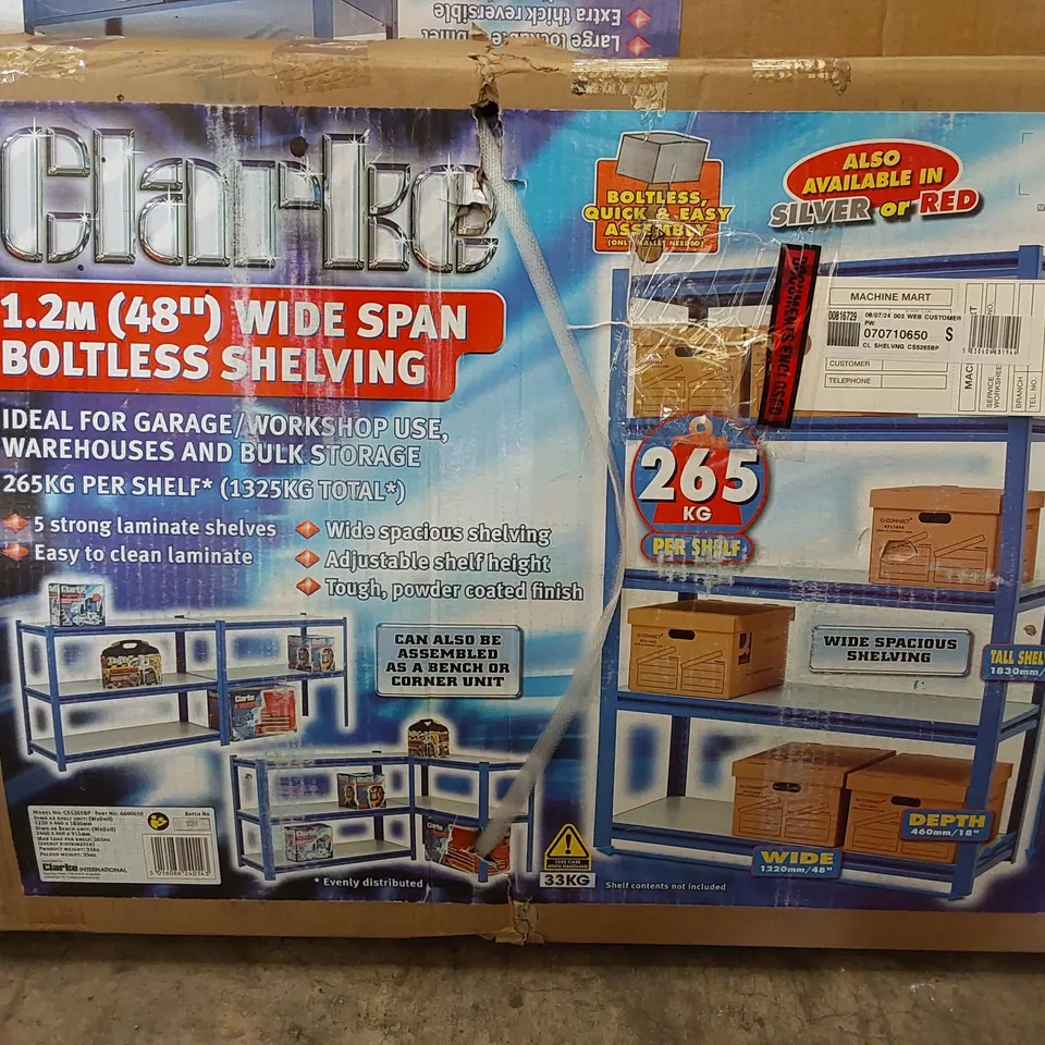 BOXED CLARKE 1.2M (48") WIDE SPAN BOLTLESS SHELVING UNIT