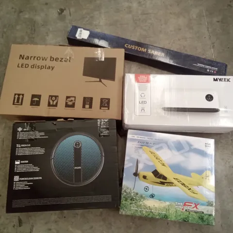 PALLET OF ASSORTED ITEMS INCLUDING ICE MAKER, NARROW BEZEL LED DISPLAY, MYLEK WALL MOUNTED PTC FAN HEATER, 4 IN 1 ROBOT VACUUM, TWIN MOTOR GLIDER