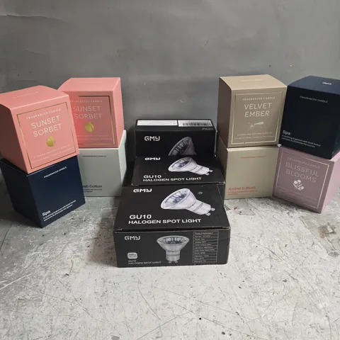 APPROXIMATELY 12 ASSORTED ITEMS TO INCLUDE GMY GU10 HALOGEN SPOTLIGHT, SUNSET SORBET FRAGRANCED CANDLE, VELVET AMBER FRAGRANCED CANDLE, ETC