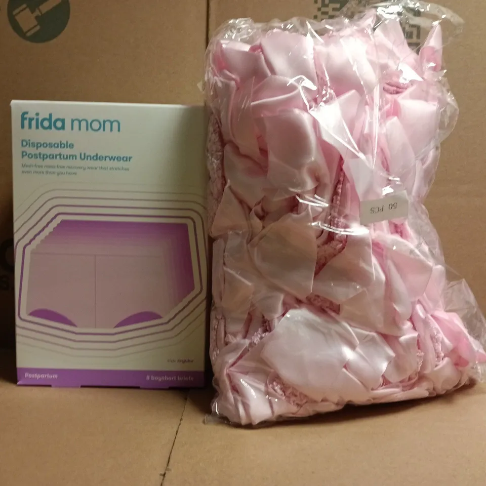 APPROXIMATELY 4 ASSORTED COSMETIC ITEMS TO INCLUDE FRIDA MOM DISPOSABLE POSTPARTUM UNDERWEAR, PINK SATIN BOW HEADBANDS, ETC - COLLECTION ONLY