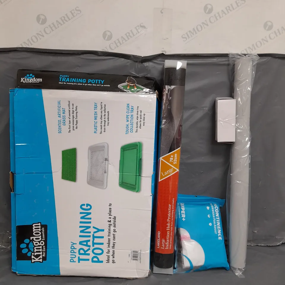 APROXIMATELY 15 ASSORTED HOUSEHOLD ITEMS TO INCLUDE PET TRAINING KIT , BLINDS , ETC 