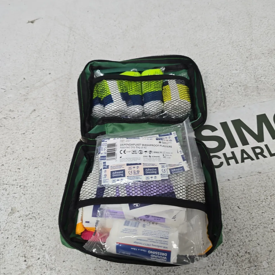 GREEN FIRST AID KIT POUCH WITH ASSORTED DRESSINGS AND MEDICAL SUPPLIES