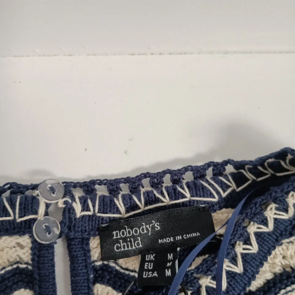 NOBODY'S CHILD NAVY & CREAM ZIGZAG KNIT DRESS – UK SIZE M, MADE IN CHINA