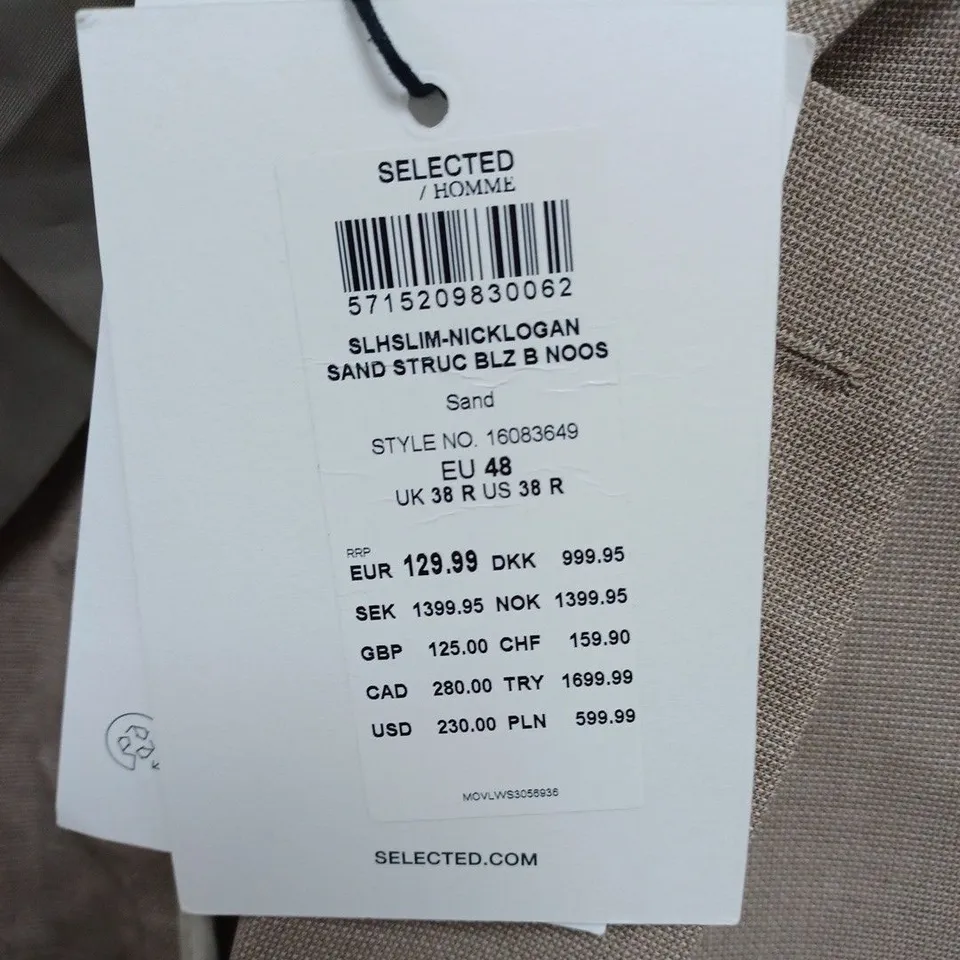 SELECTED HOMME SAND BUTTON DETAIL SUIT JACKET- UK 38 R