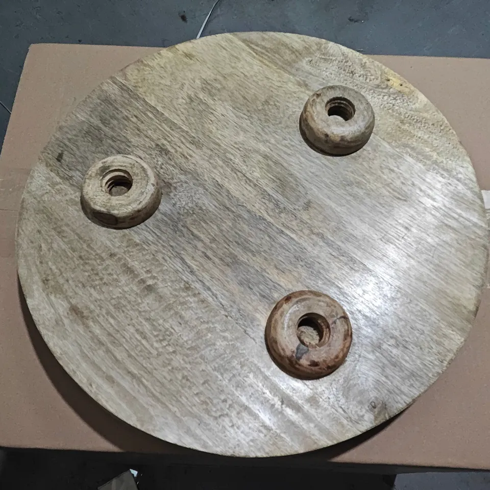 ROUND WOODEN DECORATIVE TABLE BASE WITH BLUE DECORATIVE TOP