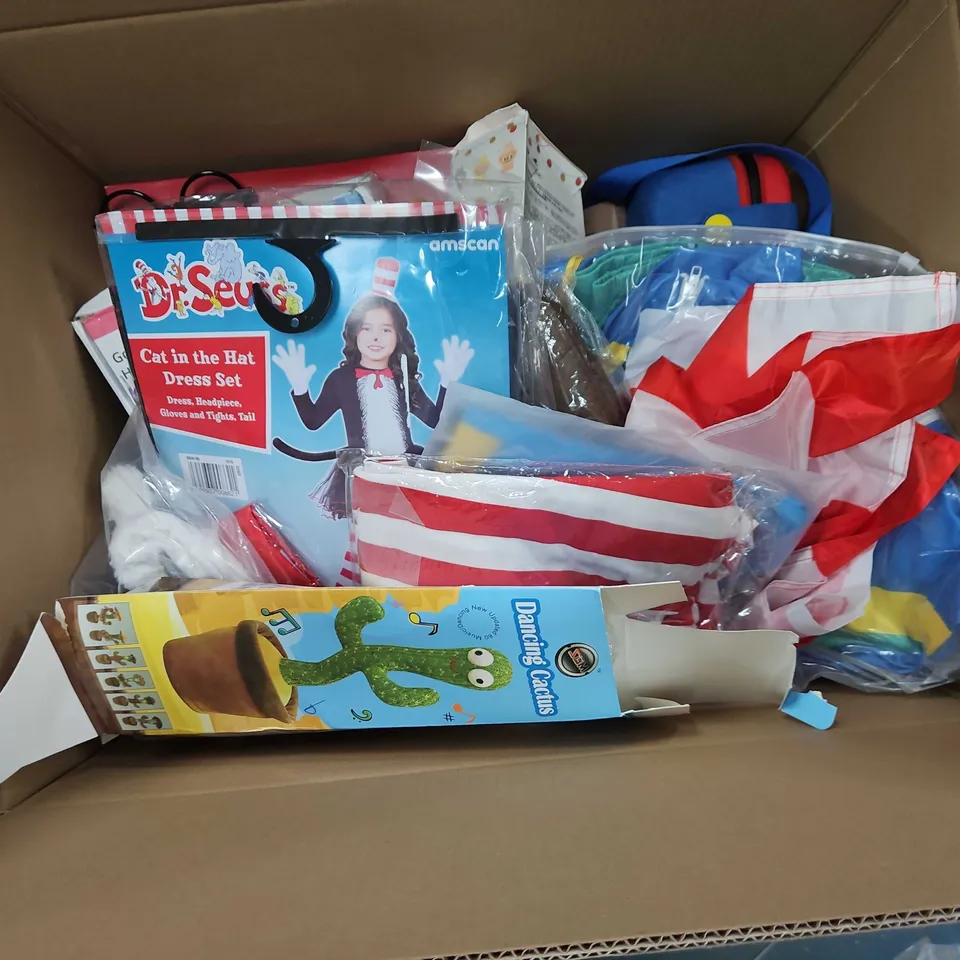 APPROXIMATELY 18 ASSORTED TOYS & GAMES TO INCLUDE SANTA SUIT, MAGNETIC PUZZLE, CAT IN THE HAT JUMPSUIT, ETC