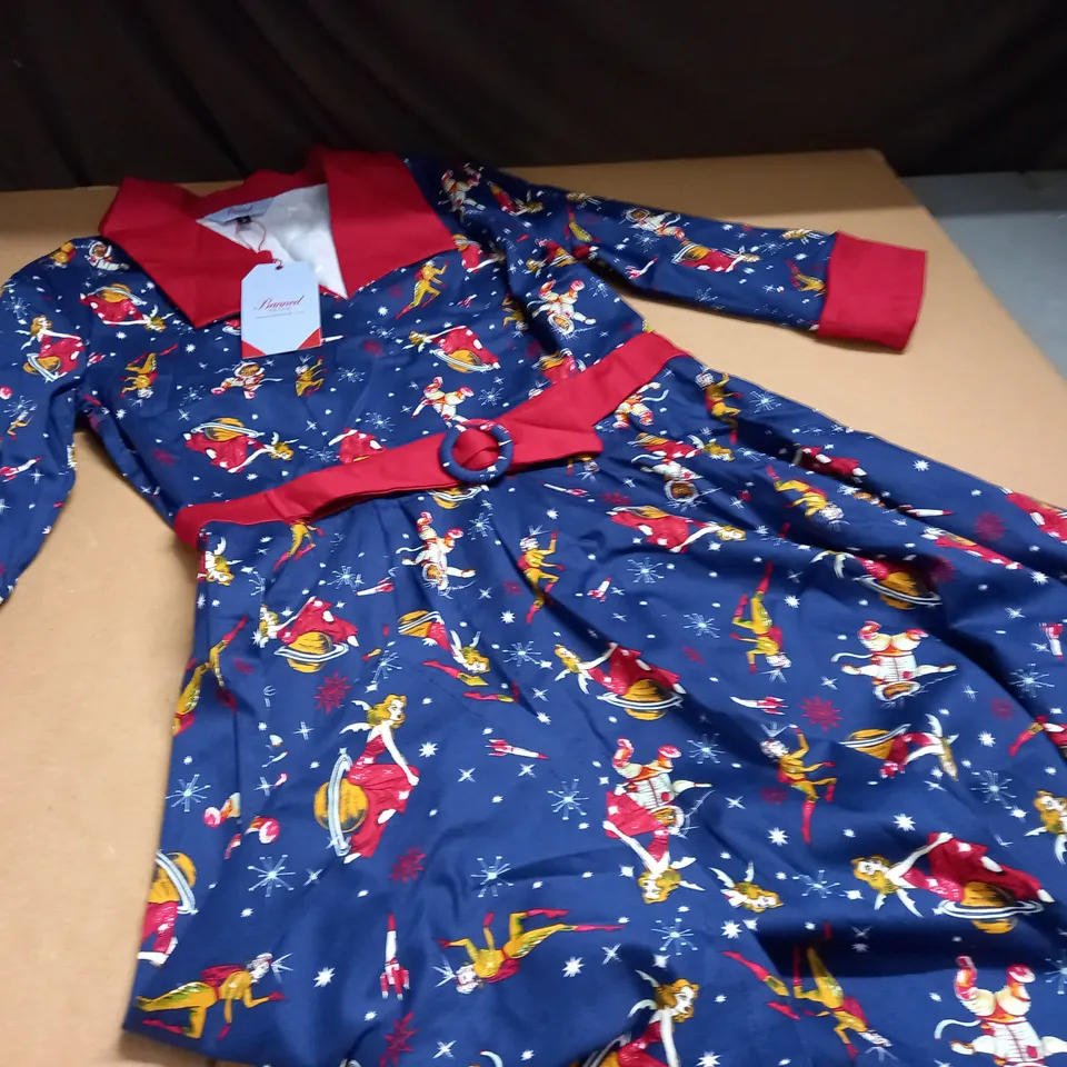 BANNED RETRO CAT IN SPACE THEMED DRESS WITH RED TRIM - L