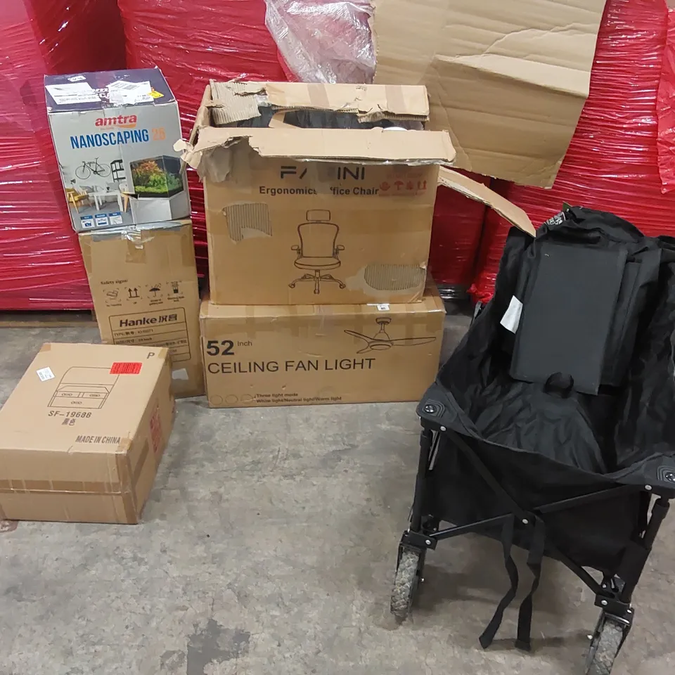 PALLET OF ASSORTED CONSUMER PRODUCTS TO INCLUDE: OFFICE CHAIRS, OUTDOOR/GARDEN CART, CEILING FAN LIGHT, AQUARIUM TANK ECT