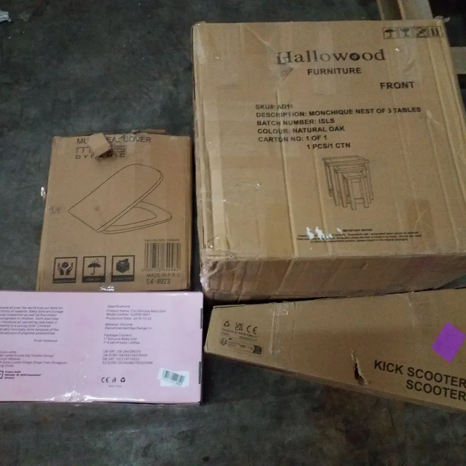 PALLET CONTAINING ASSORTED PRODUCTS INCLUDING TOILET SEAT, NESTING TABLES, KICK SCOOTER, FULL SILICONE BABY DOLL