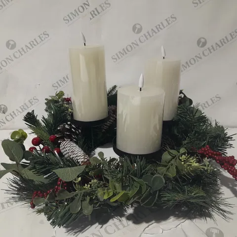 HOME REFLECTIONS 3 IN 1 FLAMELESS CANDLE WITH WREATH SET RED BERRY