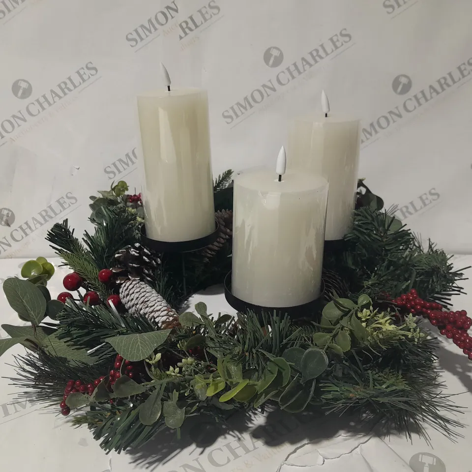 HOME REFLECTIONS 3 IN 1 FLAMELESS CANDLE WITH WREATH SET RED BERRY