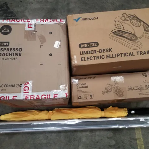 PALLET CONTAINING ASSORTED PRODUCTS INCLUDING ESPRESSO MACHINE, UNDER-DESK ELECTRIC ELLIPTICAL TRAINER, CHILDRENS TRICYCLE, UMBRELLA & ROLLER BLIND