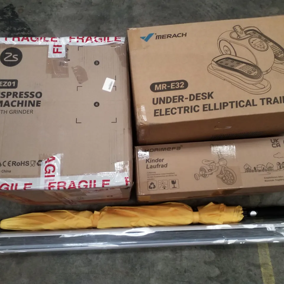 PALLET CONTAINING ASSORTED PRODUCTS INCLUDING ESPRESSO MACHINE, UNDER-DESK ELECTRIC ELLIPTICAL TRAINER, CHILDRENS TRICYCLE, UMBRELLA & ROLLER BLIND 
