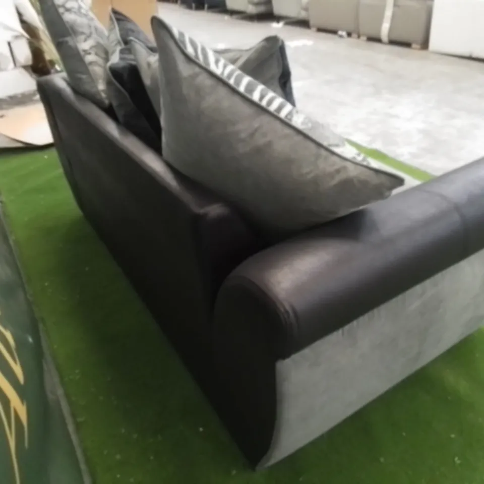 DESIGNER GREY FABRIC AND BLACK SUEDE EFFECT TWO SEATER SOFA WITH CHROME FEET