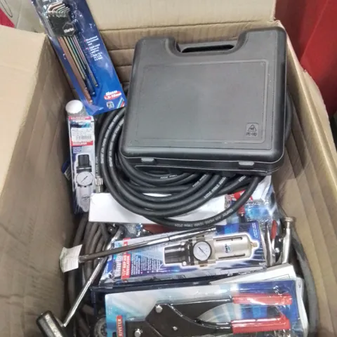 MIXED BOX OF TOOLS TO INCLUDE: HEAT GUN, HEX KEY SET, AIR FILTER REGULATOR PRESSURE HOSES ETC.