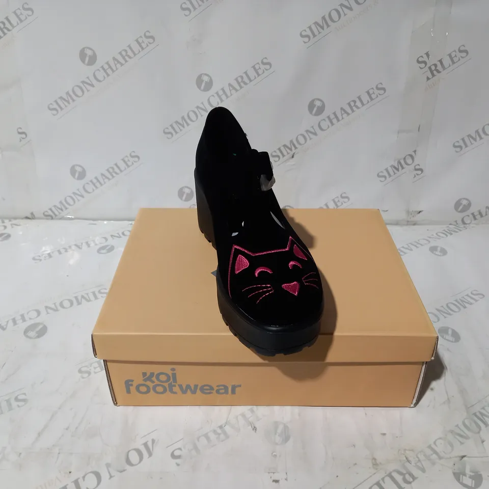 BRAND NEW BOXED PAIR OF KOI VEGAN SAI MARY JANES SALEM SPHYNX EDITION IN BLACK SUEDE - UK SIZE 6