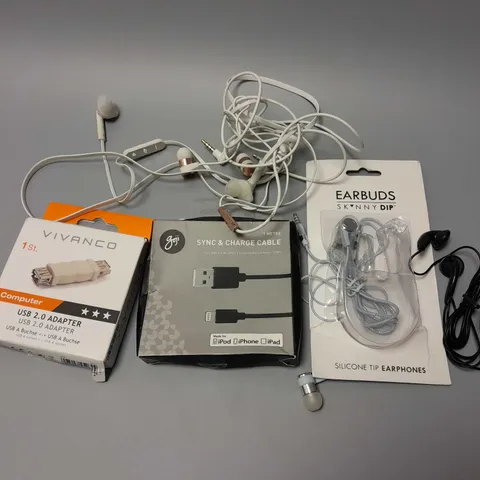 5 ELECTRICAL PRODUCTS TO INCLUDE SKINNY DIP EARBUDS, GOJI SYNC AND CHARGE CABLE, VIVANCO USB 2.0 ADAPTER, ETC