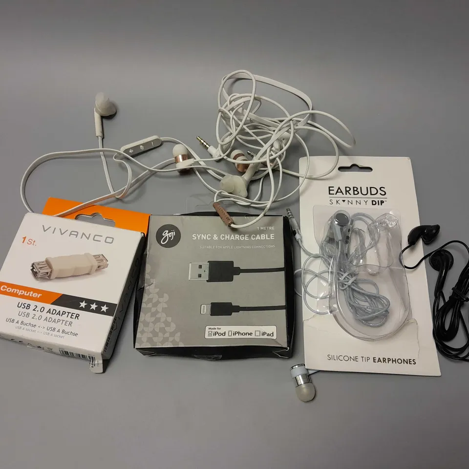 5 ELECTRICAL PRODUCTS TO INCLUDE SKINNY DIP EARBUDS, GOJI SYNC AND CHARGE CABLE, VIVANCO USB 2.0 ADAPTER, ETC