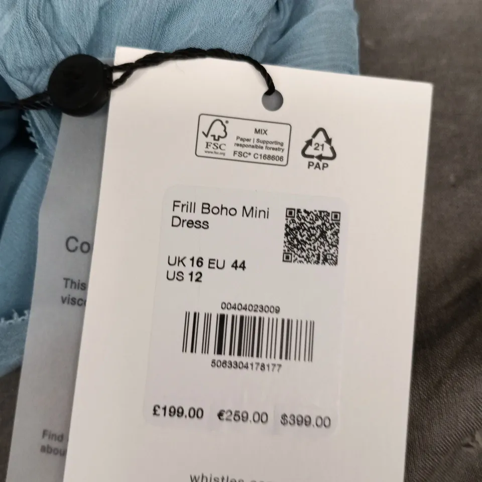 WHISTLES FRILL BOHO MINI DRESS – LIGHT BLUE, UK 16