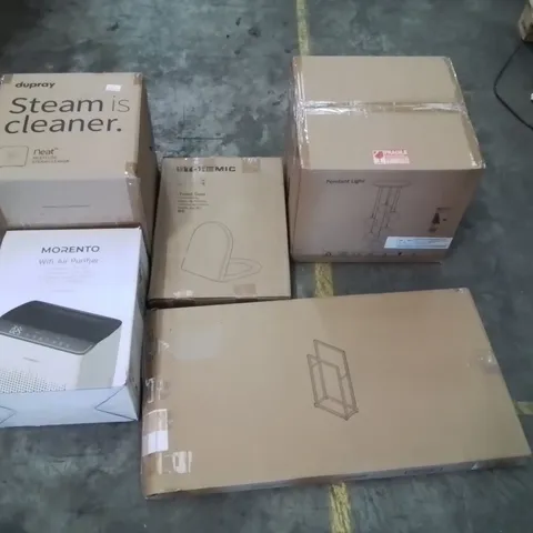 PALLET CONTAINING ASSORTED ITEMS TO INCLUDE: MORENTO WIFI AIR PURIFIER, STEAM CLEANER, PENDANT LIGHT, TOILET SEAT, METAL TOWEL RACK ECT