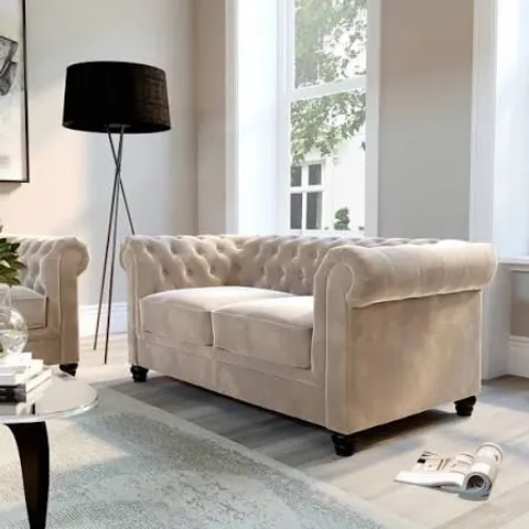 BOXED ALBION 2 SEATER CHESTERFIELD SOFA, CHAMPAGNE CLASSIC VELVET (1 BOX)
