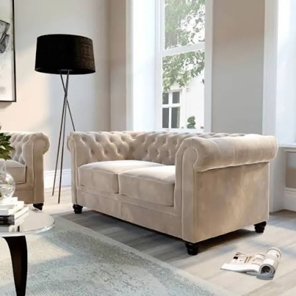 BOXED ALBION 2 SEATER CHESTERFIELD SOFA, CHAMPAGNE CLASSIC VELVET (1 BOX)