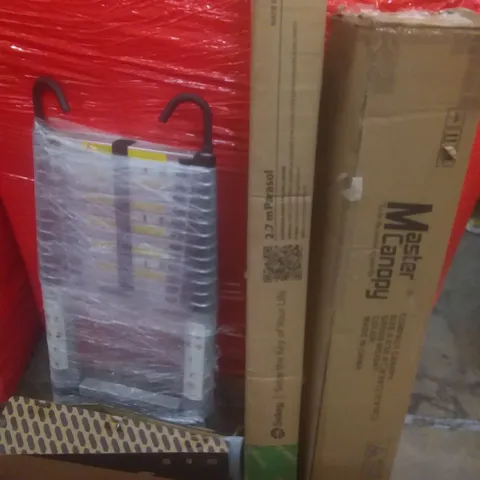 PALLET OF ASSORTED ITEMS INCLUDING COMPACT CANOPY, TELESCOPIC LADDER, ROTATING KEYBOARD TRAY UNDER DESK