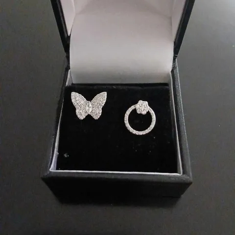 FIVE ASSORTED EARRINGS TO INCLUDE; DIAMONIQUE BUTTERFLY STUD EARRING, DAIMONIQUE FLOWER STUD CIRCLE EARRING, FIRE LIGHT HOOP EARRING, DIAMONIQUE OPAL STUD EARRING 