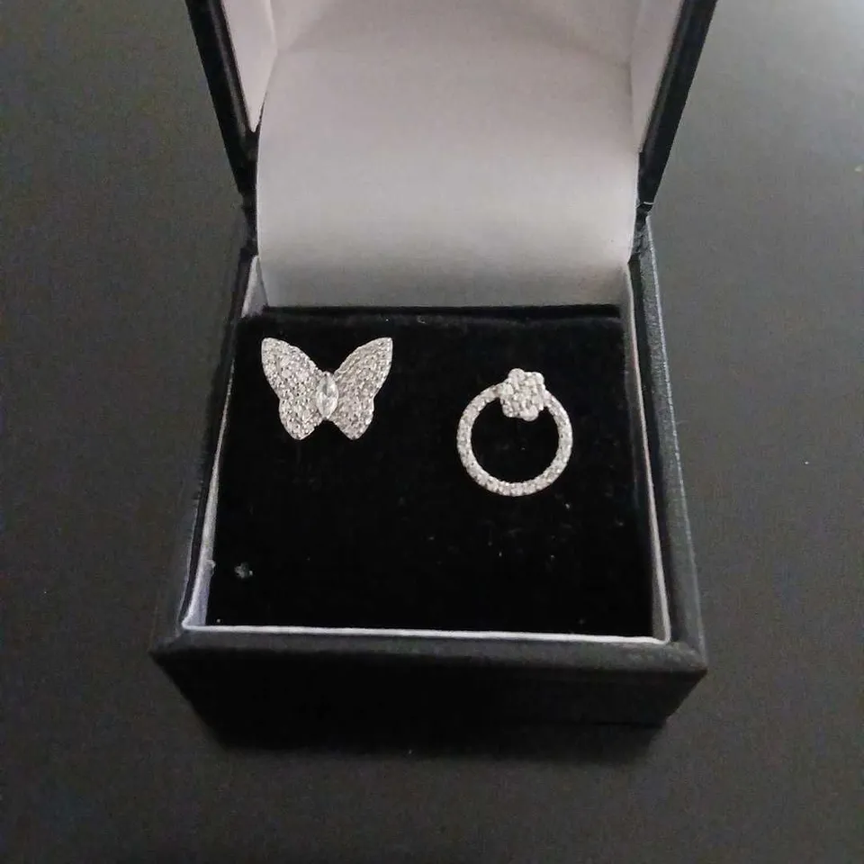 FIVE ASSORTED EARRINGS TO INCLUDE; DIAMONIQUE BUTTERFLY STUD EARRING, DAIMONIQUE FLOWER STUD CIRCLE EARRING, FIRE LIGHT HOOP EARRING, DIAMONIQUE OPAL STUD EARRING 