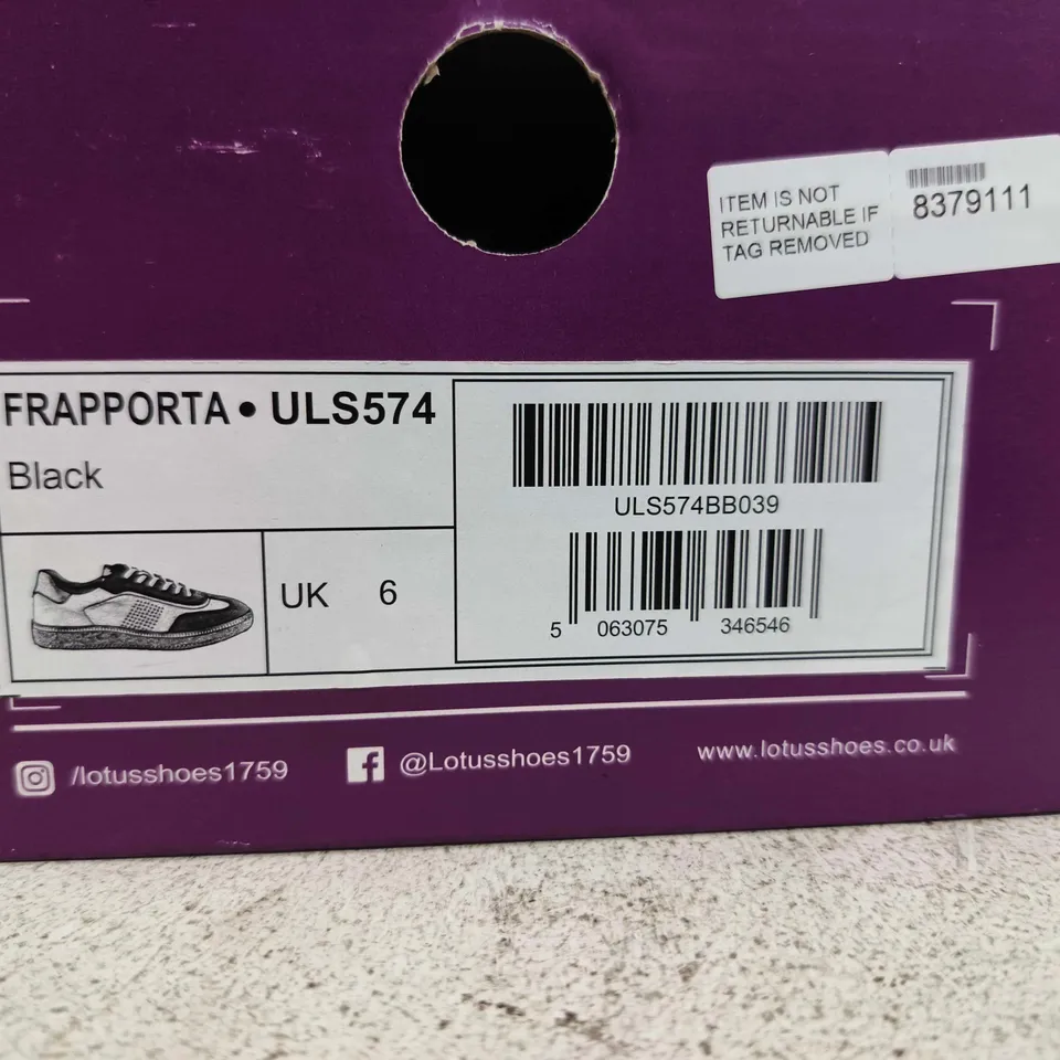 BOXED PAIR OF LOTUS FRAPPPORTA TRAINERS – BLACK, UK 6