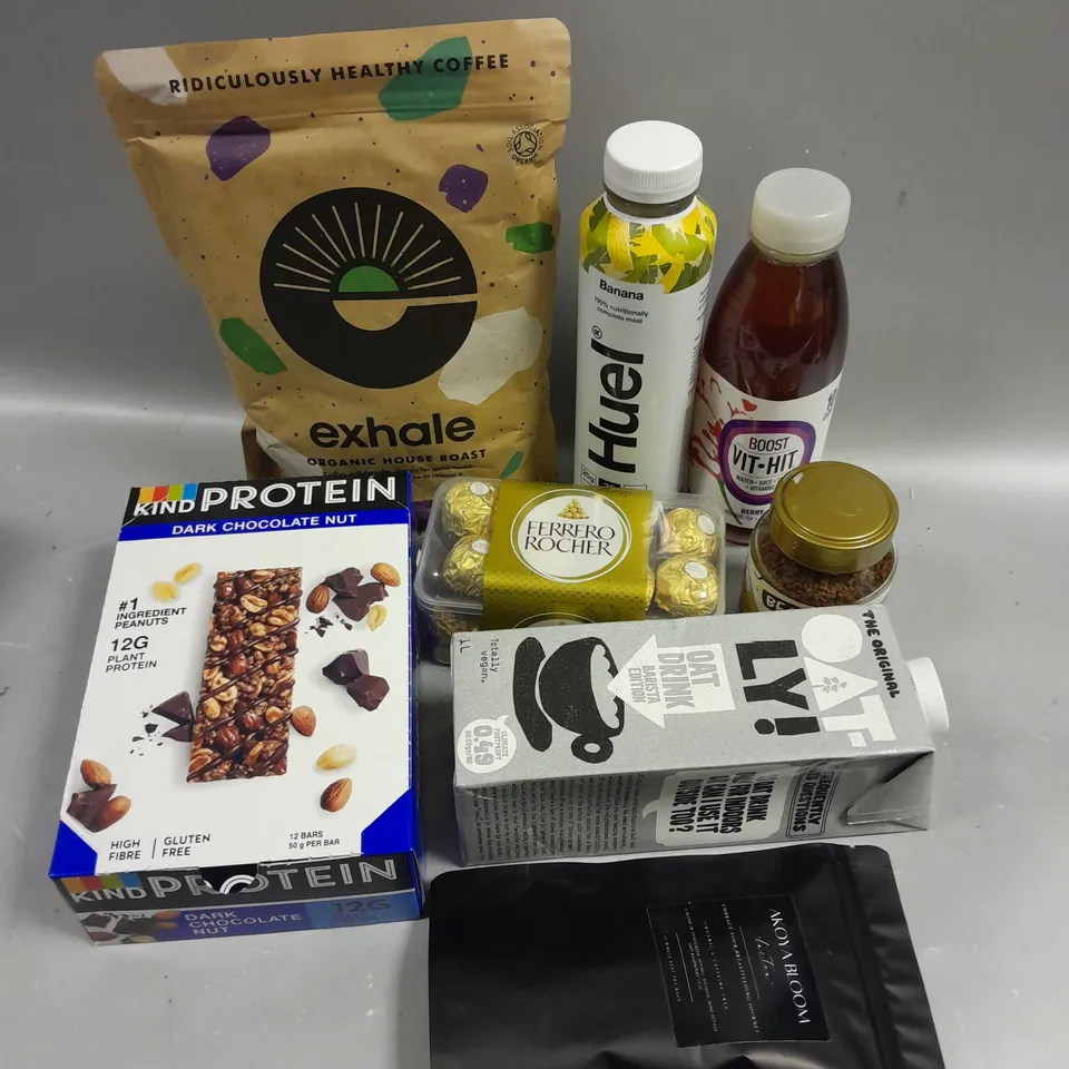 APPROXIMATELY 10 ASSORTED FOOD & DRINK PRODUCTS TO INCLUDE HUEL DRINKS, OAT DRINK, KIND PROTEIN BARS ETC 