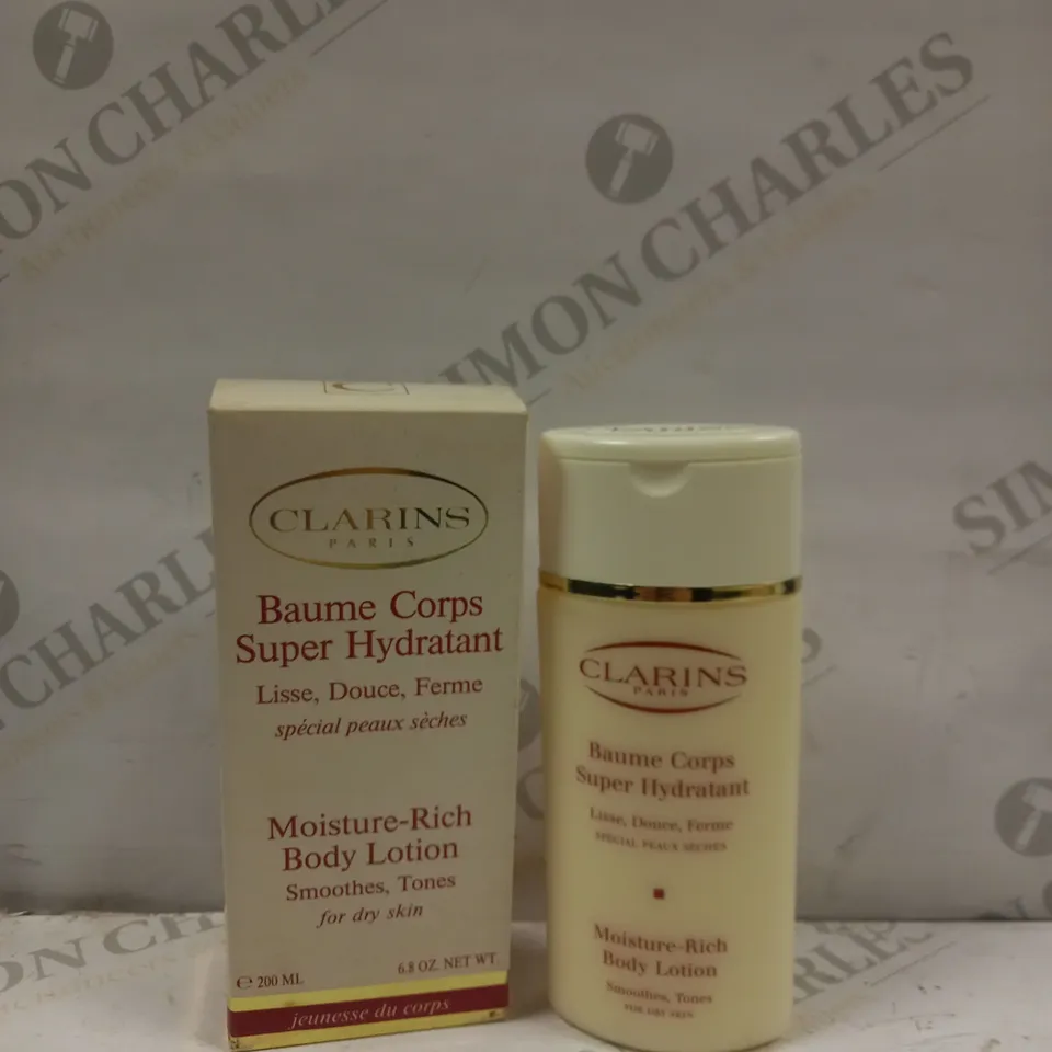 BOXED BOTTLE OF CLARINS MOISTURE-RICH BODY LOTION FOR DRY SKIN, 200ML