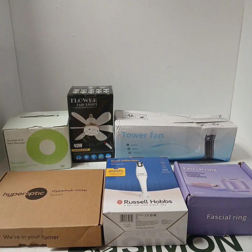 BIOX OF APPROXIMATELY 15 ASSORTED ITEMS INCLUDING A SHOULDER AND NECK MASSAGER, A FLOWER FAN LIGHT AND A TOWER FAN