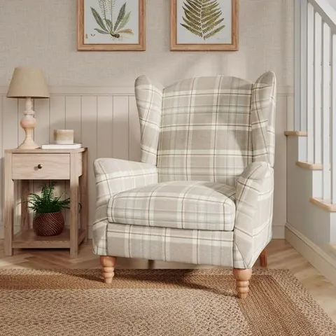BOXED CHARNWOOD CHECKED PUSHBACK ARMCHAIR - NATURAL (1 BOX)