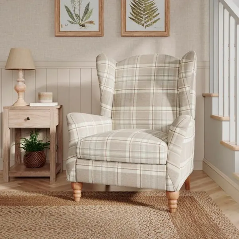BOXED CHARNWOOD CHECKED PUSHBACK ARMCHAIR - NATURAL (1 BOX)