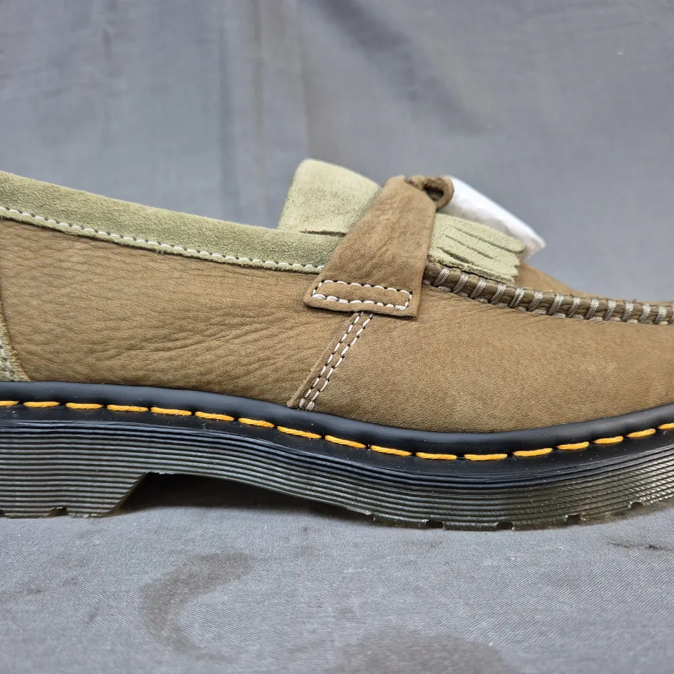 BOXED PAIR OF DR MARTENS ADRIAN LOAFERS IN MUTED OLIVE UK SIZE 6.5